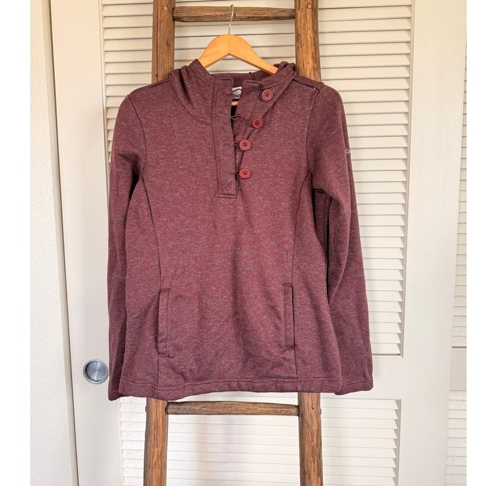 Columbia Womens Sweater Pullover Hoodie Button Neck Maroon Heathered M‎